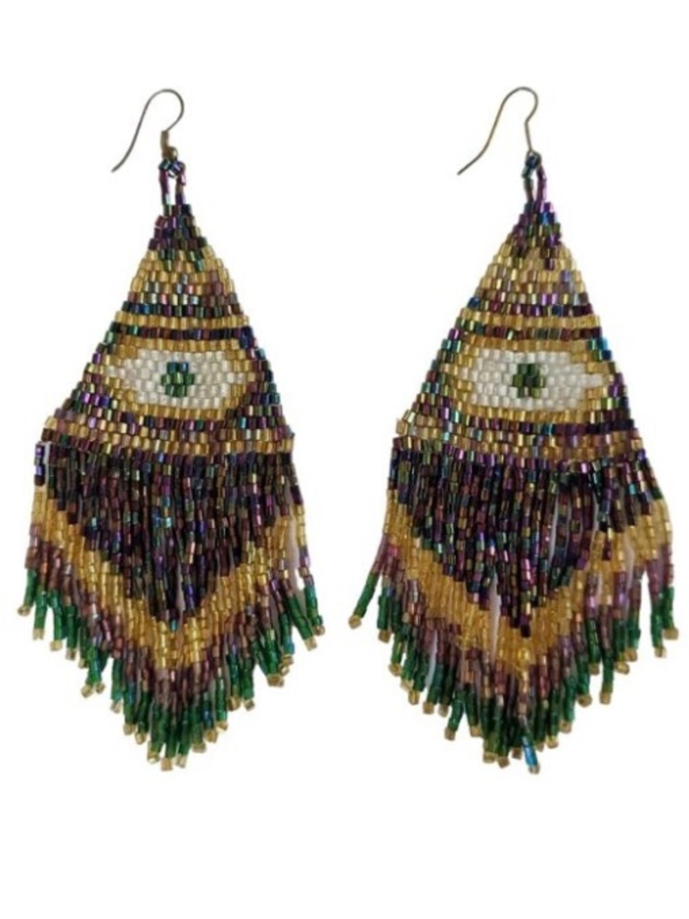 Freedom Topshop Dangle earrings peacock green beaded evil eye long fringe Boho